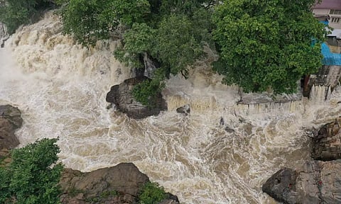 An aerial view of the flooded Hogenakkal