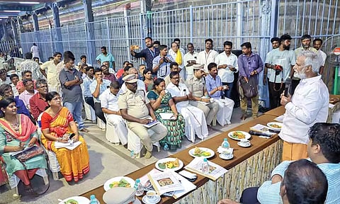 HR&amp;CE Minister PK Sekarbabu discussing arrangement for Adi Krithigai festival with temple and govt officials at Arulmigu Thanigaivel Murugan temple in Tiruttani recently