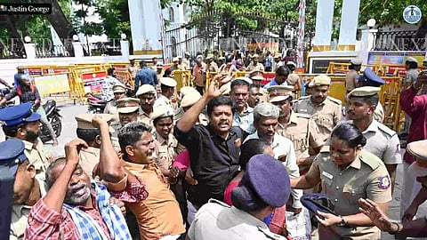 In Chennai, a federation of primary education teachers staged a protest at the Nungambakkam DPI campus emphasizing 31-point demands. The Police arrested the protestors. (Photo/Justin George)