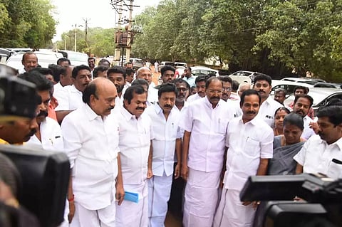 AIADMK leaders CVe Shanmugam and P Thangamani visiting Vijayabhaskar in Tiruchy prison on Monday