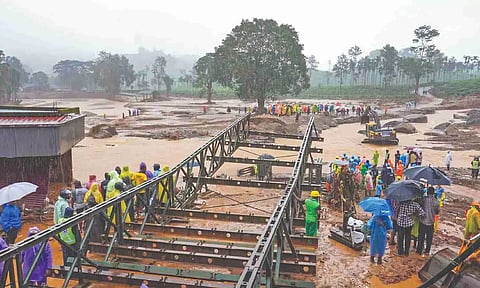 A Bailey bridge being constructed to landslide-flattened Chooralmala in Wayanad on Wednesday