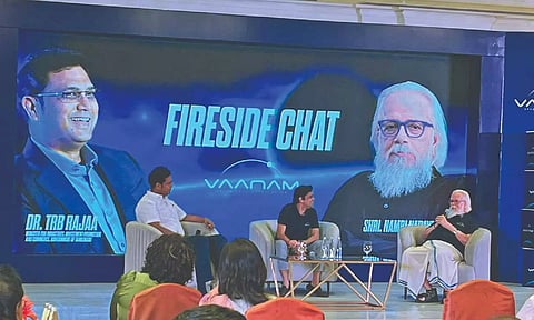 TRB Rajaa and Nambi Narayanan during launch of the Vaanam Space Tech Accelerator