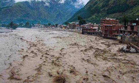 &nbsp;Flooded Beas river following incessant rains, in Kullu (PTI)