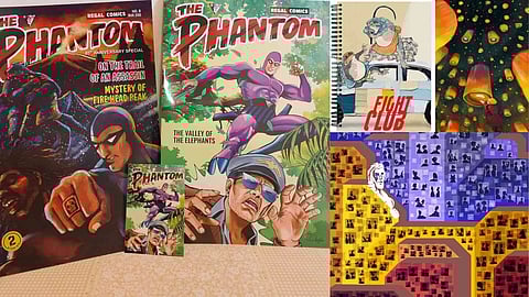 L to R: Sumi Anu's collection (L),&nbsp; Priyanka’s work (R:T1),&nbsp; Art piece by Mohd Farhadh Ullah (R:T2), B: Ashwin J Chandran’s The Anachronist (R:B)