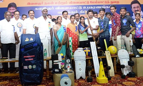 Minister for Youth Welfare and Sports Development Udhayanidhi gives away sports kids to youth in Erode