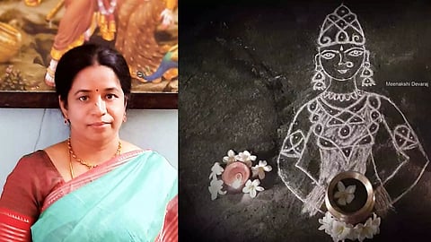 Meenakshi Devaraj and her Kolam that signifies a woman celebrating Aadi Perukku