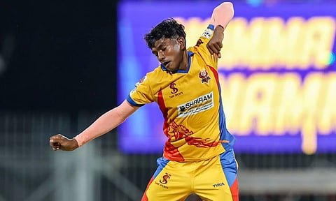 P Vignesh celebrates after picking a wicket