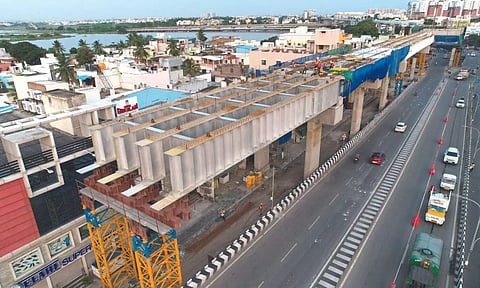 The steel portal beams erected in Porur, as a part of the ongoing phase 2 Metro Rail construction works