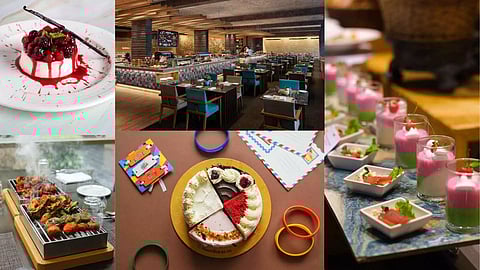 L to R: Taj(L:T), Westin (L:B), Buffet at Reef (M:T), Moonbakes (M:B), A Radha Hotel (R)