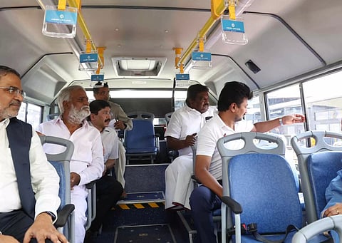 Tamil Nadu Minister Udhayanidhi Stalin travels in a city bus, in Chennai. (PTI)&nbsp;