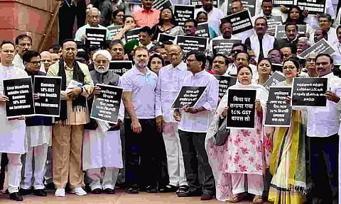 INDIA bloc parties protest against GST on health, life insurance premiums