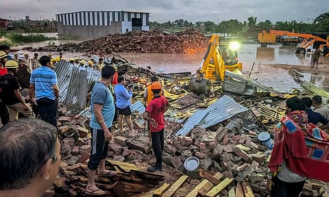 Rescue work undeway after a factory collapsed in Boranada area of Jodhpur (PTI)