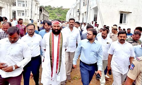 Uttam Kumar Reddy in a housing colony at Ramaswamy Gutta in Huzurnagar town (ANI)