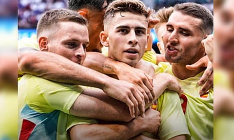 Spain football team celebrates after a goal (IANS)