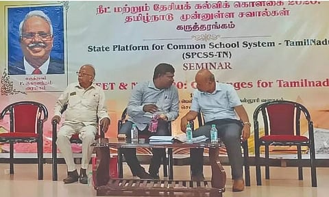 Educationalists Dr P Ratnasabapathy, Dr K Ravi Kumar, and Dr R Venkateshan during the seminar on Saturday