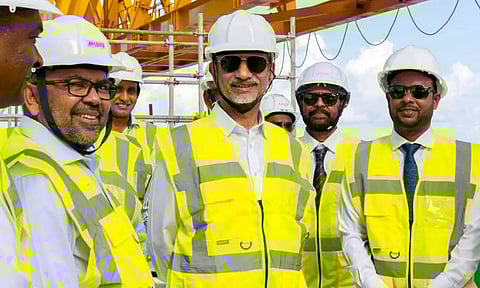 Union External Affairs Minister S Jaishankar with Maldives Foreign Affairs Moosa Zameer and Maldives Minister Abdulla Muththalib during a visit to the site of the Greater Male Connectivity Project (PTI)