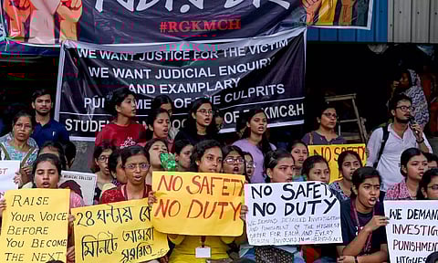 &nbsp;Doctors and nursing staff protest against the recent the rape and murder of a woman doctor inside the RG Kar Medical College and Hospital (PTI)