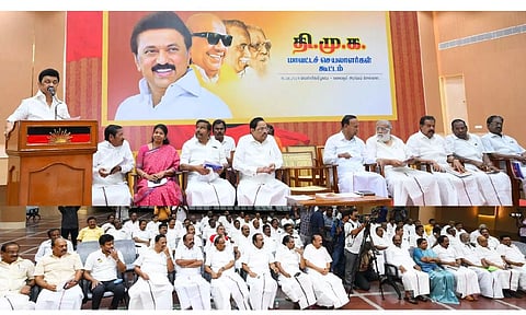 Meeting of the party district secretaries chaired by Chief Minister and party president M K Stalin at party headquarters Anna Arivalayam