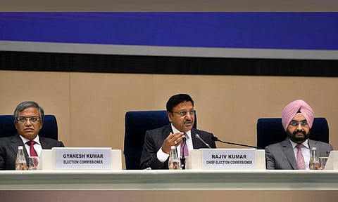 Chief Election Commissioner Rajiv Kumar with election commissioners Gyanesh Kumar and Sukhbir Singh Sandhu during a press conference (PTI)