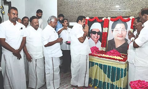 AIADMK general secretary Edappadi K Palaniswami and party leaders pay tributes to party stalwarts ahead of the EC meeting in Chennai on Friday