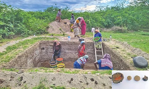 Excavation works at Vembakottai archaeological site. (inset) some of the artefacts unearthed