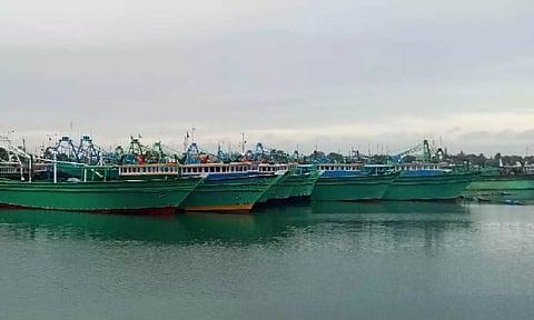 Anchored mechanised boats in Thoothukudi on Monday&nbsp;