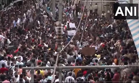 Protest underway at Badlapur Station against the alleged sexual assault incident with a girl child at a school in Badlapur (ANI)