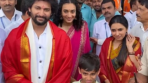 Nani along with his family and Priyanka Mohan in Tirupati Temple (ANI)