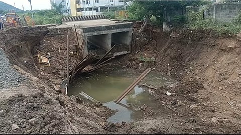 Nnewly constructed rainwater channel and small bridge collapsed