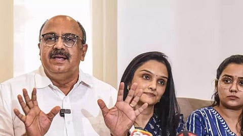 Siddique with actors Jomol and Ananya (PTI)