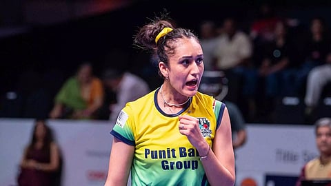 &nbsp;Manika Batra celebrates a point against Ayhika Mukherjee of Puneri Paltan&nbsp;