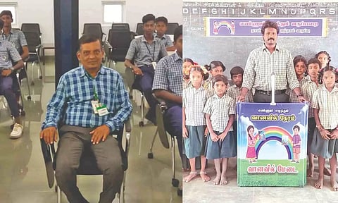(L-R) RS Muralidharan with students in Madurai;&nbsp; R Gopinath in Gudiyattam school