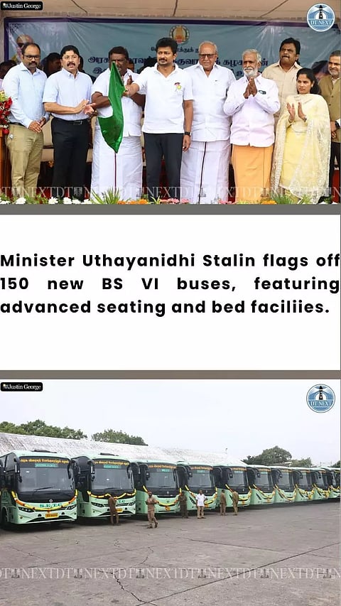 Minister Udhayanidhi Stalin flags off 150 new BS VI buses, featuring advanced seating and bed facilities.