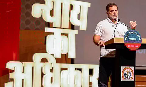 Rahul Gandhi addresses a gathering during the 'Samvidhan Samman Sammelan