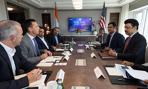 M K Stalin and TRB Rajaa were present during the formalisation of the deal between Eaton and the Tamil Nadu government (X)