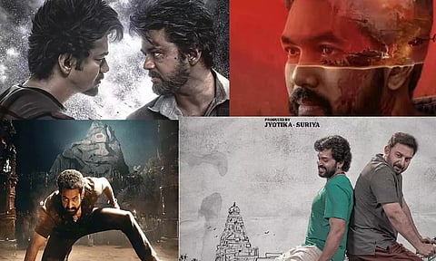 The G.O.A.T, Kadaisi Ulaga Por, Devara part 1, Meiyazhagan movies posters