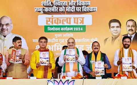 &nbsp;Union Home Minister Amit Shah, Jammu and Kashmir BJP President Ravinder Raina, Union Ministers Jitendra Singh and G Kishan Reddy and others release the party's election manifesto ahead of the state Assembly elections, in Jammu, Friday, Sept. 6, 2024. (PTI)