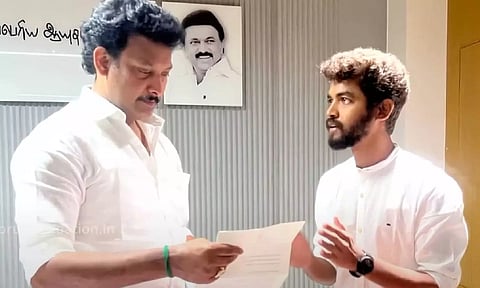 School education minister Anbil Mahesh Poyyamozhi with spiritual speaker Mahavishnu, founder of the Paramporul Foundation. (X Photo)