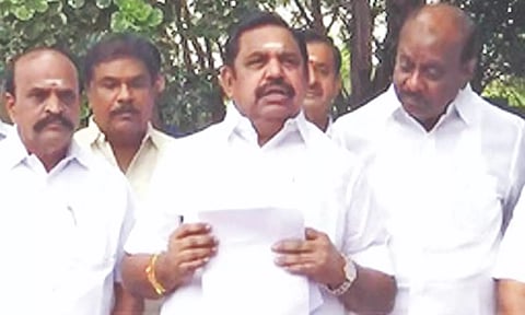 AIADMK leader Edappadi Palaniswami along with senior leaders of the party addressing the press