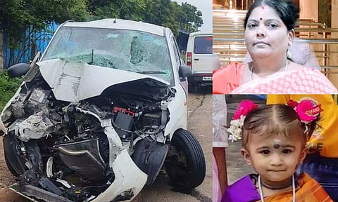Image of the crashed car; the deceased mother J Usharani (48), her daughter J Sai Monisha (4)