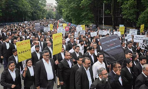 Lawyers of Calcutta High Court stage a protest against alleged sexual assault and murder of a postgraduate trainee doctor, in Kolkata (PTI)