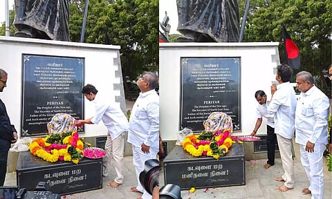 Vijay paid floral tributes to the Periyar statue at Periyar Thidal in Chennai