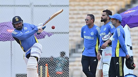 Rohit Sharma plays a shot in the nets during practice, Ajit Agarkar, Virat Kohli and Gautam Gambhir during a practice session