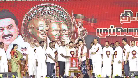 DMK president MK Stalin and other leaders at the party’s platinum jubilee celebrations&nbsp;