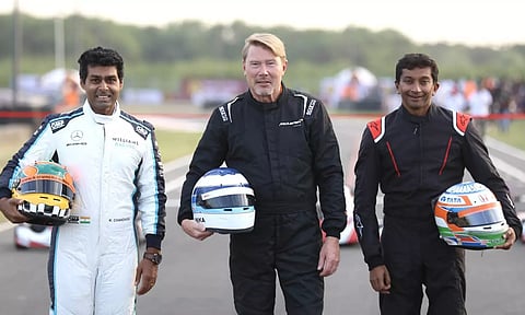 (L-R) Karun Chandhok, Mika Hakkinen and Narain Karthikeyan at the M.I.K.A. track (Photo: Manivasagan N)