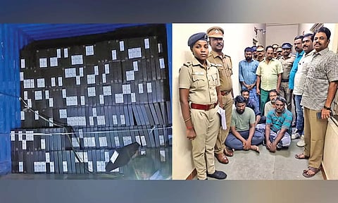 The stolen container with 5,230 laptops; (r) six of the accomplices of the main accused who were arrested