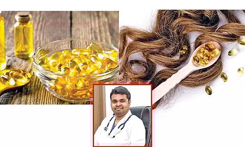 Image of fish oil, hair (inset) Dr Vishnu Ramachandran