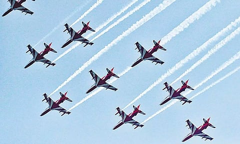 &nbsp;Suryakiran aerobatic display flies in formation during a flypast&nbsp;