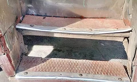 The footboard of a government bus broke and fell off while the vehicle was on the move, in Dindigul