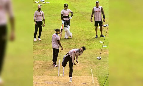 Bangladesh team players during a practice session ahead of the second test cricket match between India and Bangladesh, at the Green Park Stadium, in Kanpur (PTI)